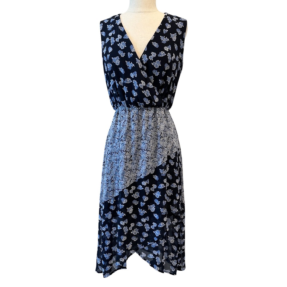 New‎ York & Company Blue Floral Mixed Print Midi Dress Handkerchief Hem Size 2